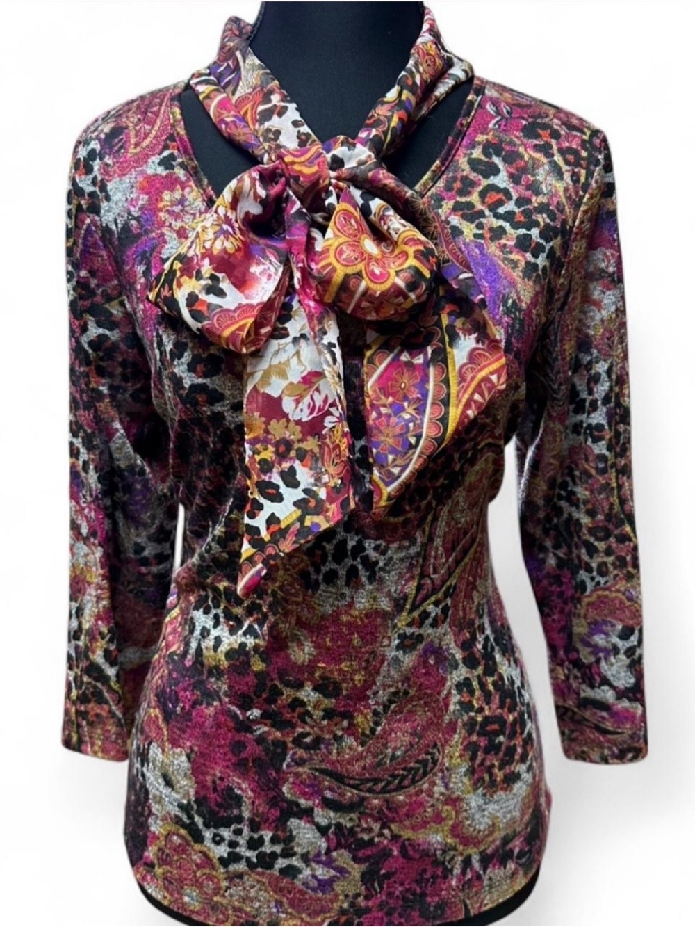 Y2K Leopard Paisley Tie-Neck Top Women’s L Boho Hippie Grunge Fairy 90s Whimsy
